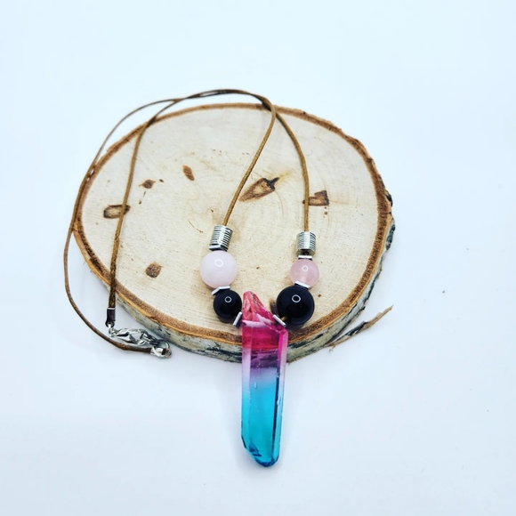 Aura Quartz, Rose Quartz, Black Obsidian cord necklace - Picture 2 of 3